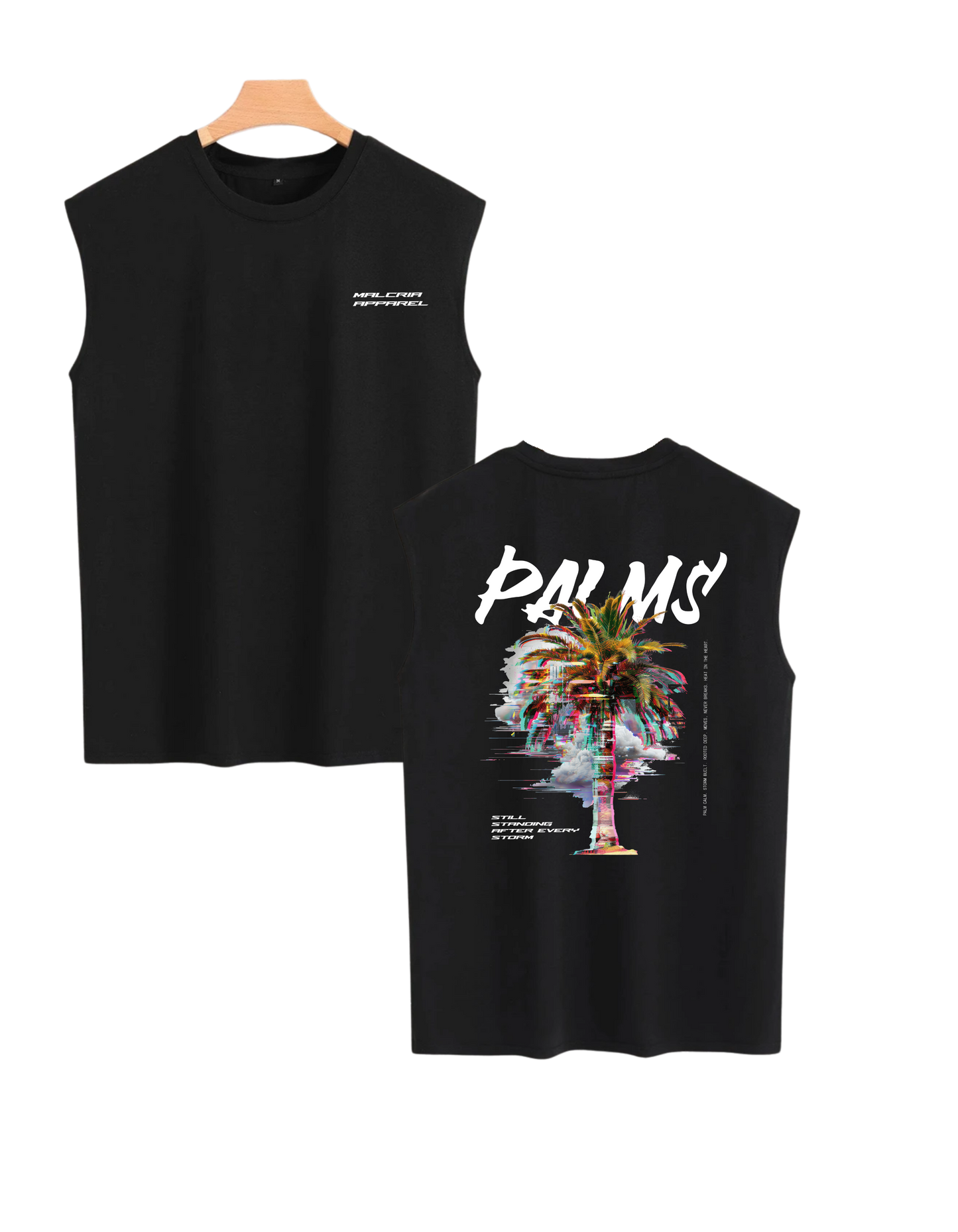 Distorted Palms Black Oversized Sleeveless Wide Shoulder Tank Top