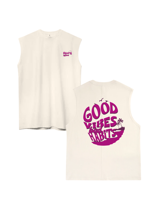 Good Vibes Bad Habits Ivory Oversized Sleeveless Wide Shoulder Tank Top