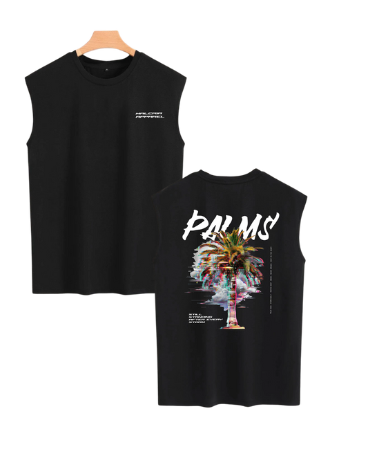 Distorted Palms Black Oversized Sleeveless Wide Shoulder Tank Top