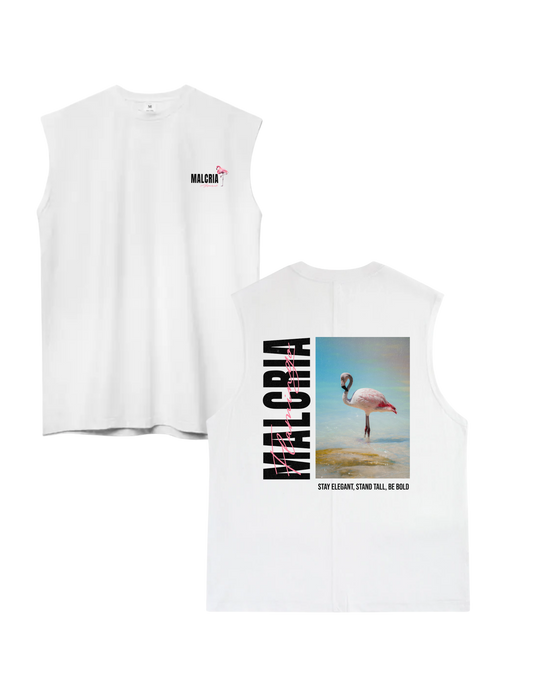 Flamingo White Oversized Sleeveless Wide Shoulder Tank Top
